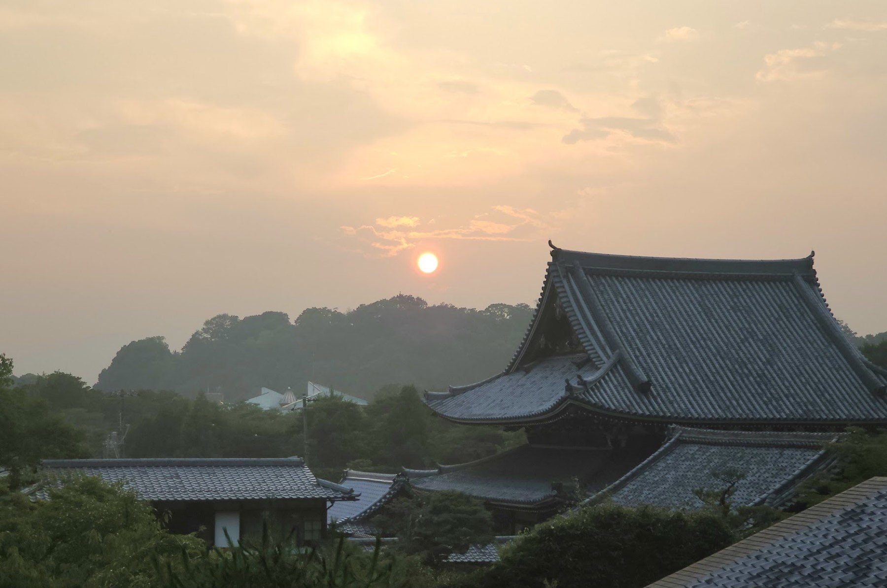夕暮れの光雲寺。瓦屋根の向こうに日が落ちる