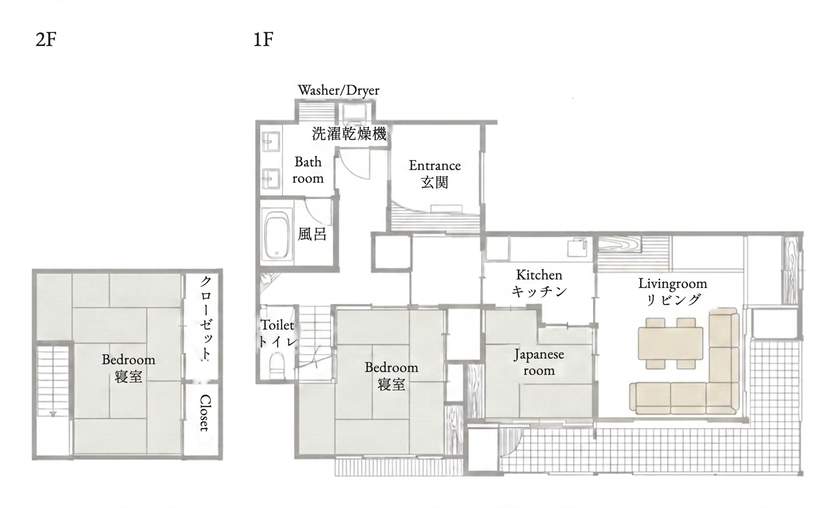 看月亭の間取り図。一階にリトリートルーム二室・茶室・キッチン、二階に坐禅室